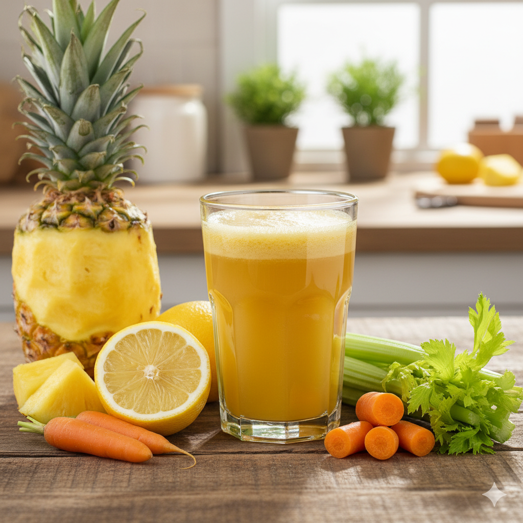 Tác dụng bất ngờ của ly nước ép dứa, cà rốt, cần tây và chanh Tác dụng bất ngờ của ly nước ép dứa, cà rốt, cần tây và chanh